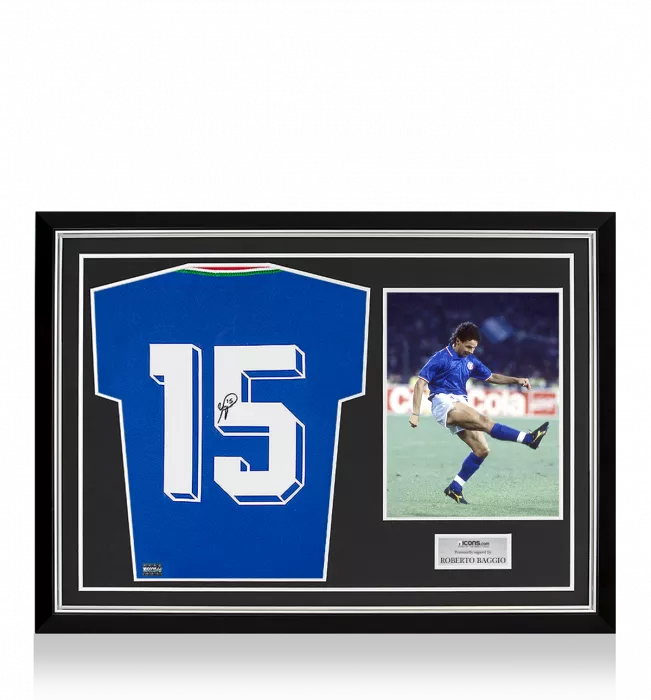 Roberto Baggio Back Signed Italy 1990 Home Shirt Home Shirt In Hero Frame: Option 1