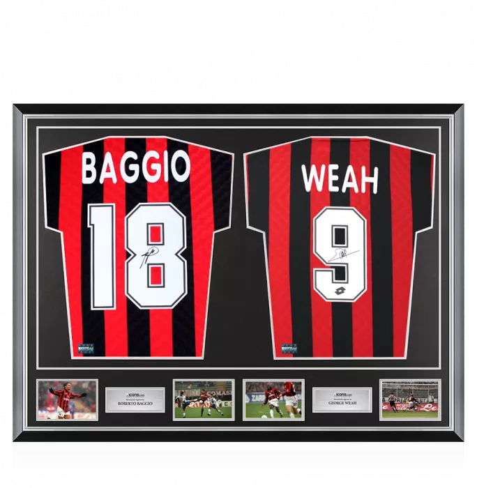 Roberto Baggio & George Weah Signed AC Milan Shirts In Classic Dual Frame