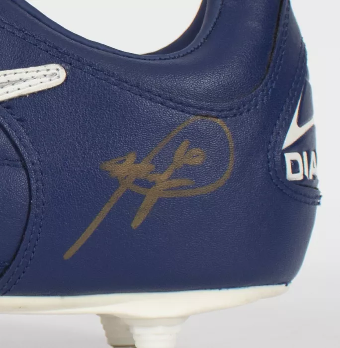 Roberto Baggio Gold Signed Blue Diadora Derby Boot In Acrylic Case
