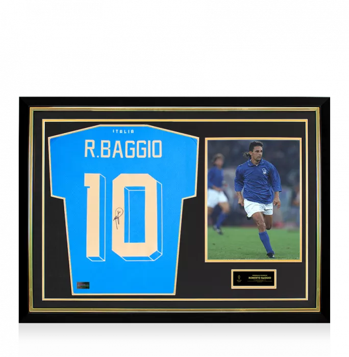Roberto Baggio Official Ballon d'Or™ Back Signed and Hero Framed Modern Italy Home Shirt