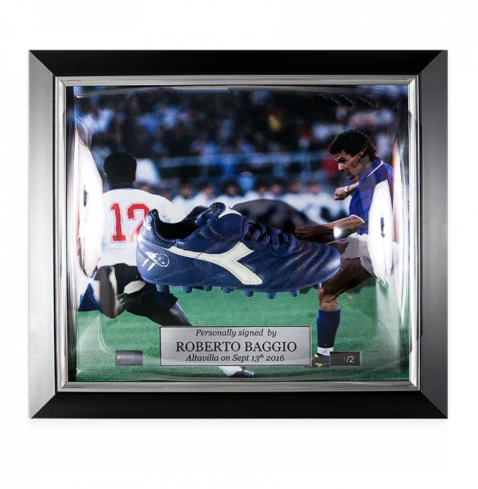 Roberto Baggio Signed And Italy Framed Blue Diadora Derby Boot