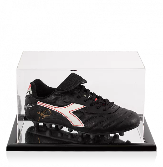 Roberto Baggio Signed Black Diadora Boot In Acrylic Case