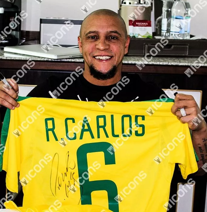 Roberto Carlos Back Signed Brazil 2002 Home Shirt In Hero Frame: Option 1