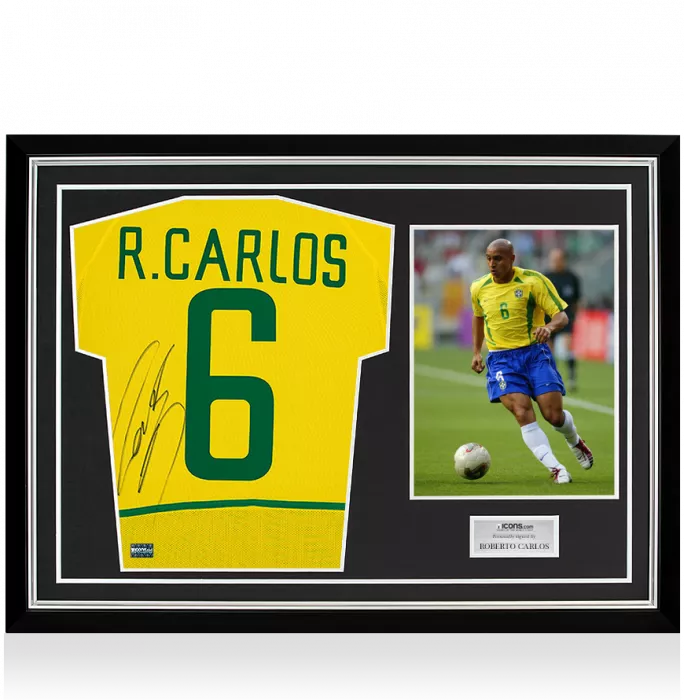 Roberto Carlos Back Signed Brazil 2002 Home Shirt In Hero Frame: Option 1