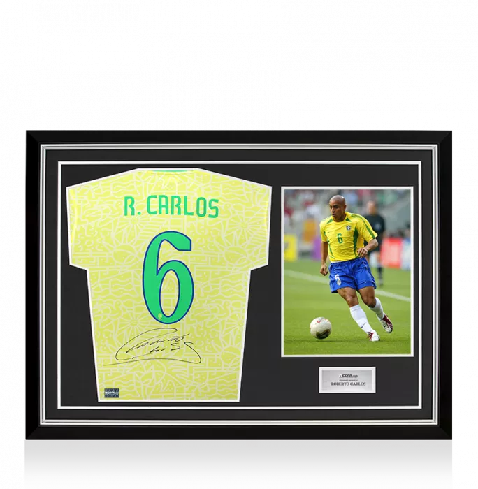 Roberto Carlos Back Signed Brazil Home 2024 Shirt In Hero Frame: Option 1