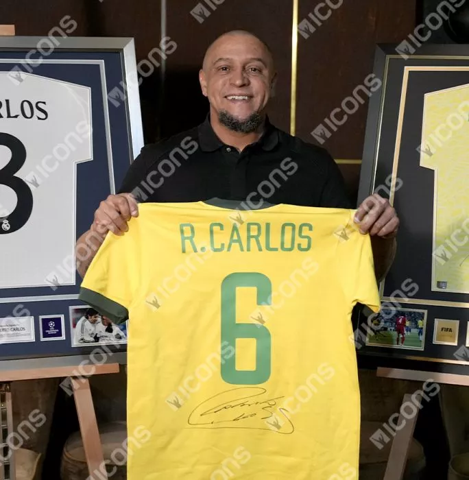Roberto Carlos Back Signed Brazil Retro Shirt In Deluxe Packaging