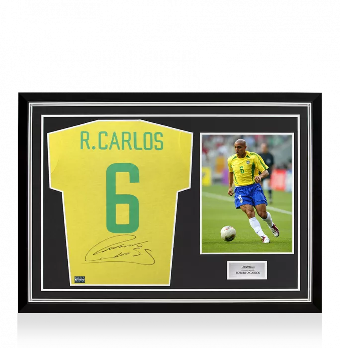 Roberto Carlos Back Signed Brazil Retro Shirt In Hero Frame: Option 1