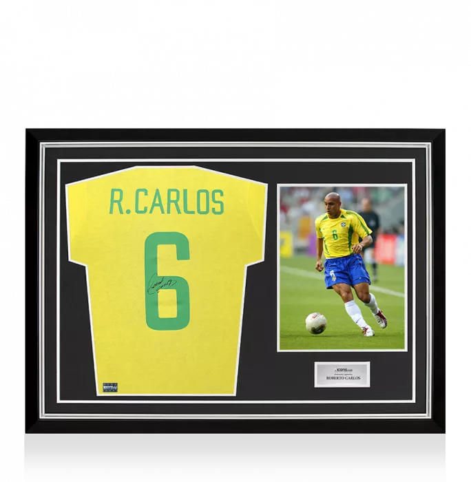 Roberto Carlos Back Signed Brazil Retro Shirt In Hero Frame: Option 1