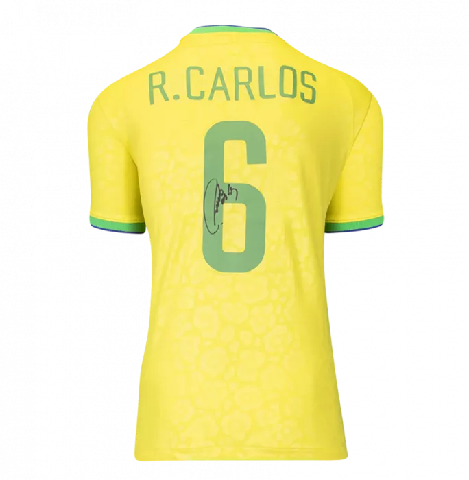 Roberto Carlos Back Signed Modern Brazil Home Shirt With Fan Style Number