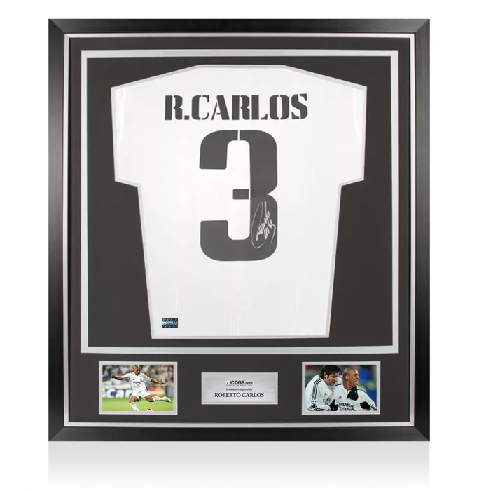 Roberto Carlos Back Signed Modern Real Madrid Home Shirt with Fan Style Numbers In Classic Frame