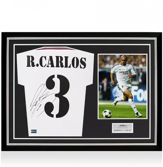 Roberto Carlos Back Signed Real Madrid 2014-15 Home Shirt In Hero Frame: Option 1