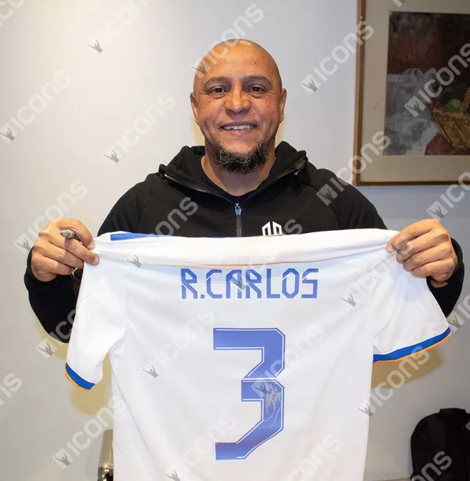 Roberto Carlos Back Signed Real Madrid 2021-22 Home Shirt In Classic Frame