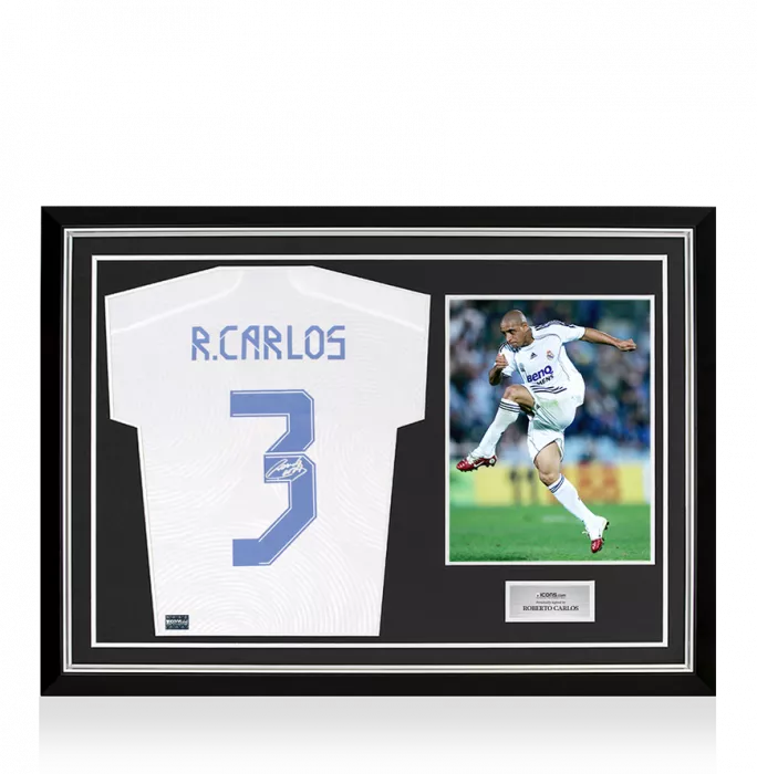 Roberto Carlos Back Signed Real Madrid 2021-22 Home Shirt With Long Sleeves In Hero Frame: Option 1
