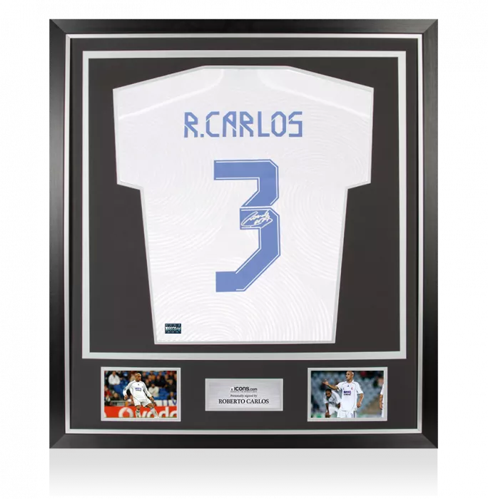Roberto Carlos Back Signed Real Madrid 2021-22 Home Shirt With Long Sleeves In Classic Frame