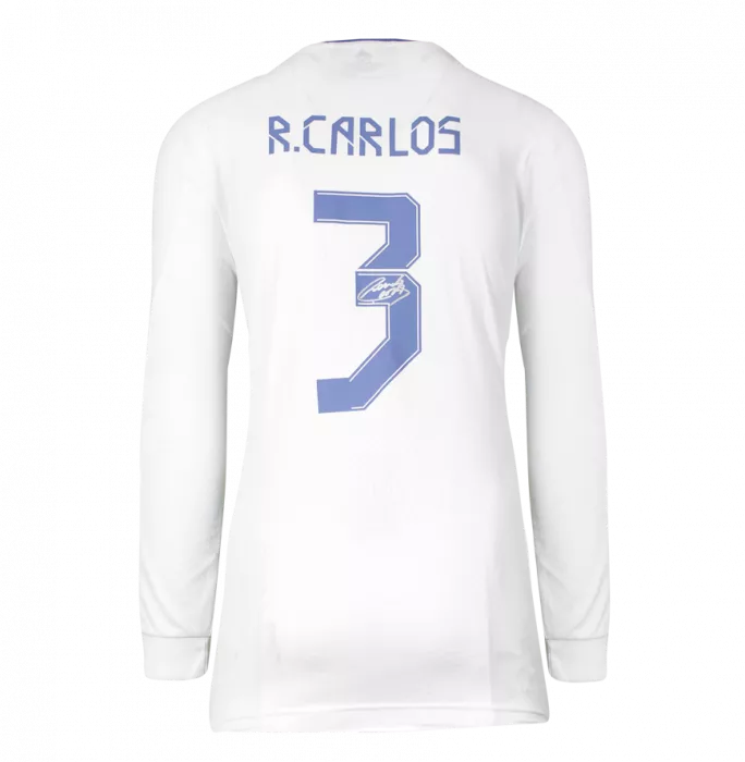 Roberto Carlos Back Signed Real Madrid 2021-22 Home Shirt With Long Sleeves