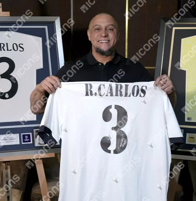 Roberto Carlos Back Signed Real Madrid Home Shirt With Fan Style Numbers In Classic Frame