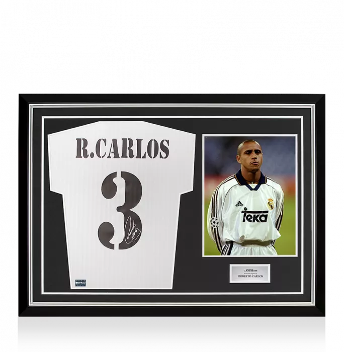 Roberto Carlos Back Signed Real Madrid Home Shirt With Fan Style Numbers In Hero Frame: Option 1