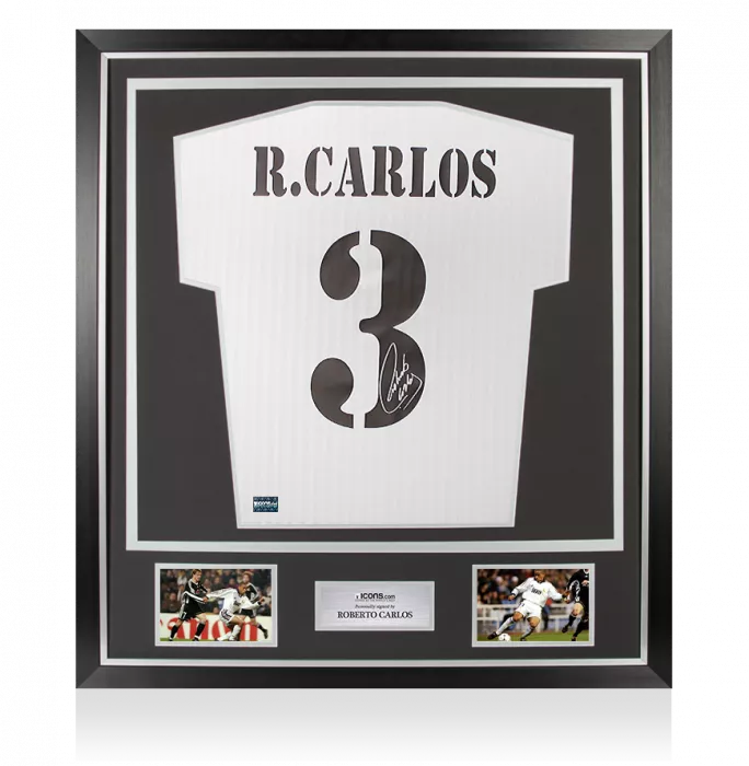 Roberto Carlos Back Signed Real Madrid Home Shirt With Fan Style Numbers In Classic Frame