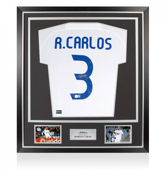 Roberto Carlos Back Signed Real Madrid Teamgeist 2021-22 Home Shirt In Classic Frame