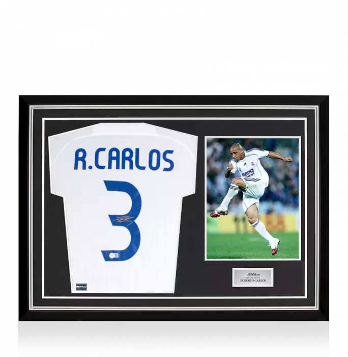 Roberto Carlos Back Signed Real Madrid Teamgeist 2021-22 Home Shirt In Hero Frame: Option 1