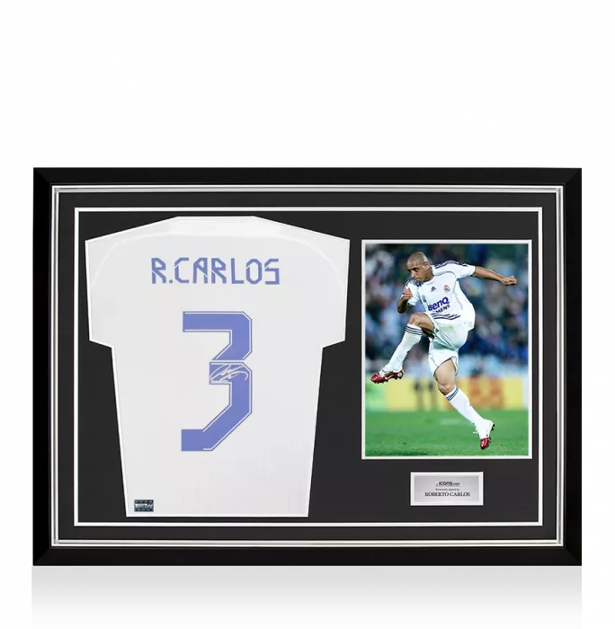 Roberto Carlos Back Signed Real Madrid Teamgeist Shirt In Hero Frame: Option 1