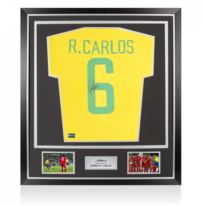 Roberto Carlos Back Signed Retro Brazil Home Shirt In Classic Frame