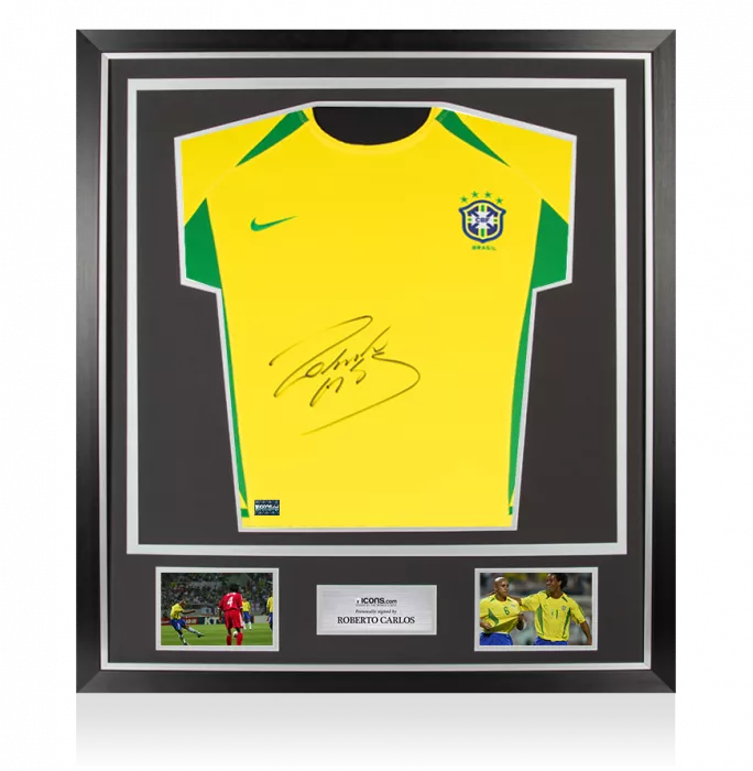 Roberto Carlos Front Signed Brazil 2002-04 Home Shirt In Classic Frame