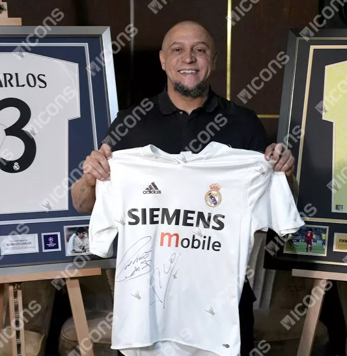Roberto Carlos & Luis Figo Front Signed Real Madrid 2004-05 Home Shirt In Classic Frame