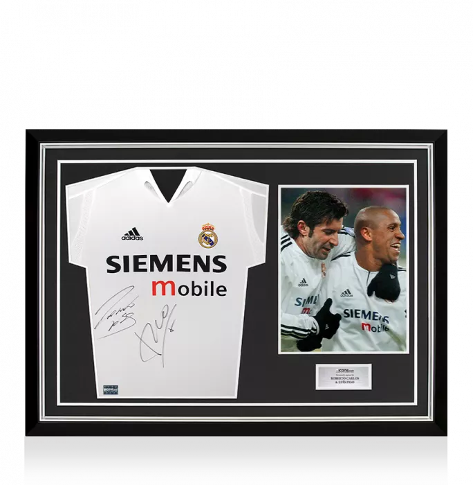 Roberto Carlos & Luis Figo Front Signed Real Madrid 2004-05 Home Shirt In Hero Frame: Option 1