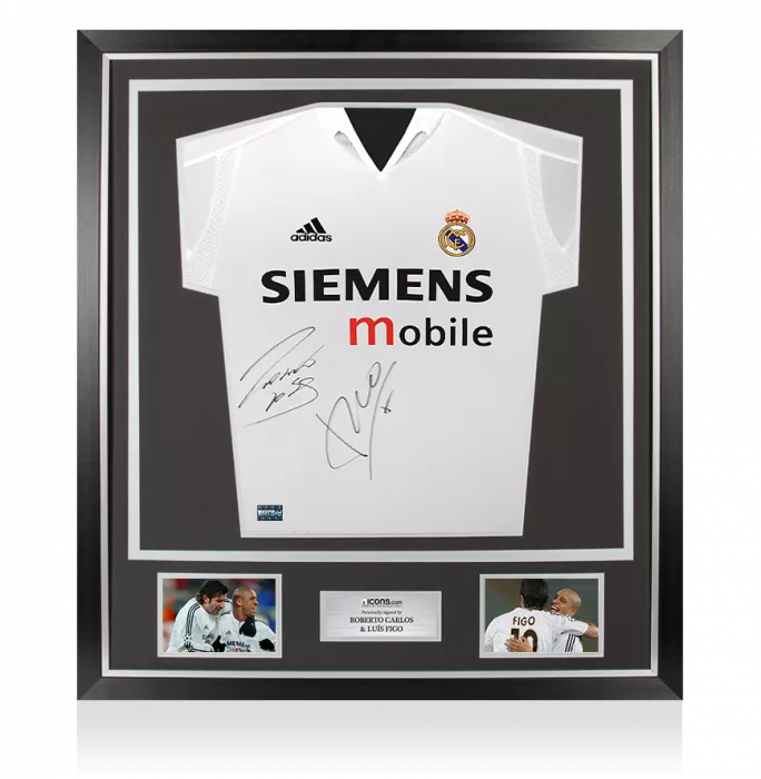 Roberto Carlos & Luis Figo Front Signed Real Madrid 2004-05 Home Shirt In Classic Frame