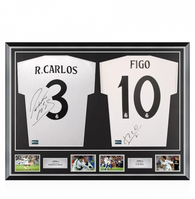 Roberto Carlos & Luis Figo Signed Real Madrid Shirts In Classic Dual Frame