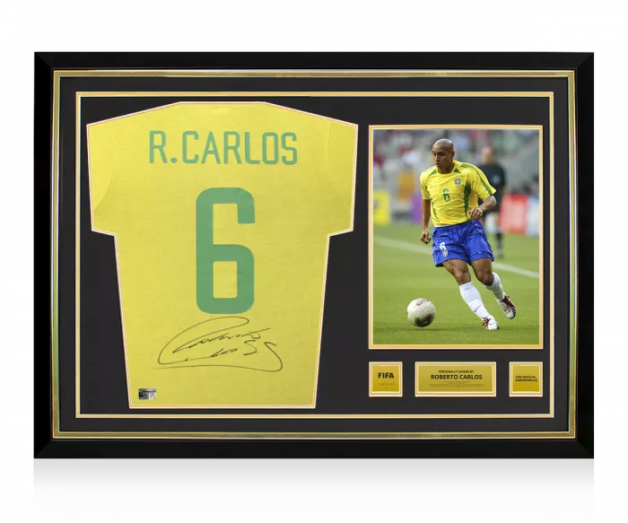 Roberto Carlos Official FIFA World Cup™ Back Signed and Hero Framed Brazil Retro Shirt