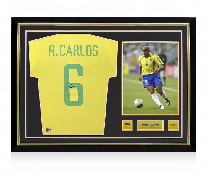 Roberto Carlos Official FIFA World Cup™ Back Signed and Hero Framed Brazil Retro Shirt