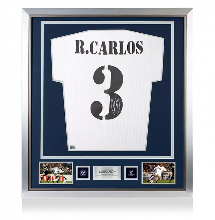 Roberto Carlos Official UEFA Champions League Back Signed and Framed Real Madrid Terrace Icon Shirt