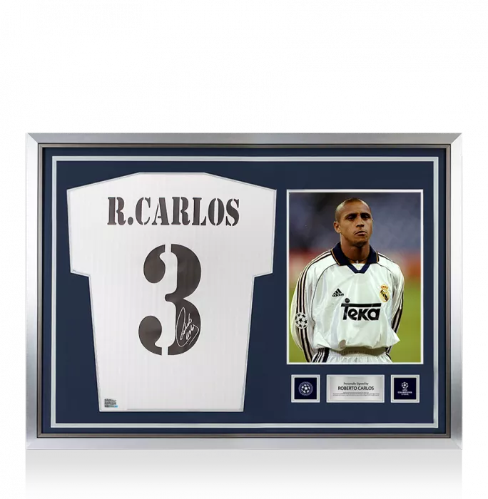 Roberto Carlos Official UEFA Champions League Back Signed and Hero Framed Real Madrid Home Shirt With Fan Style Numbers