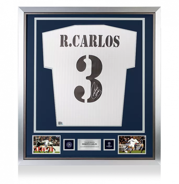 Roberto Carlos Official UEFA Champions League Back Signed and Framed Real Madrid Home Shirt With Fan Style Numbers