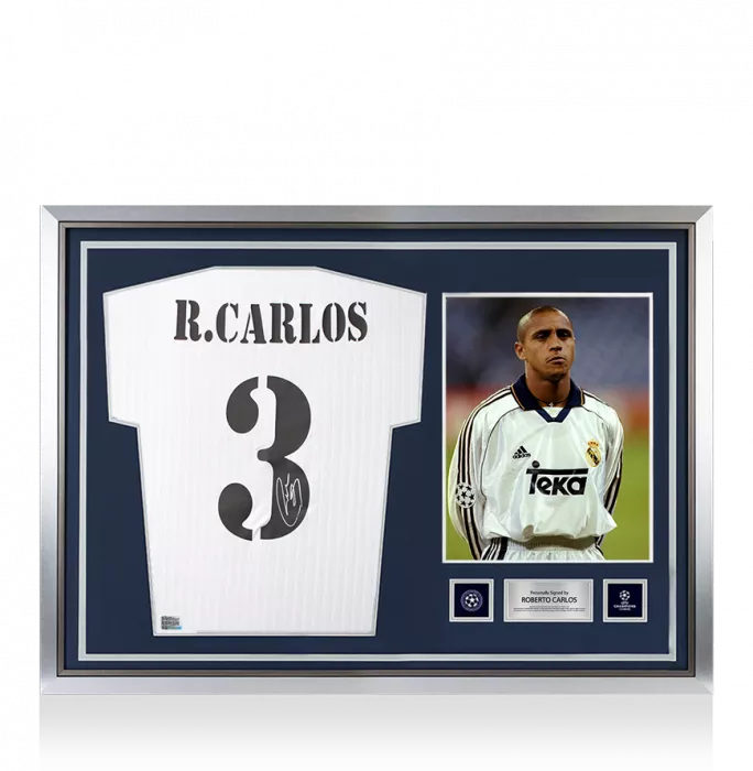 Roberto Carlos Official UEFA Champions League Back Signed and Hero Framed Real Madrid Terrace Icon Shirt