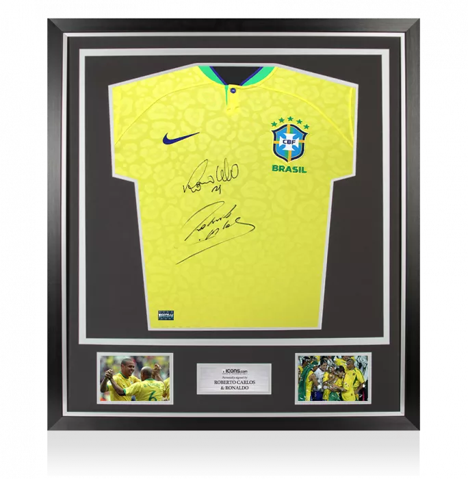 Roberto Carlos & Ronaldo Front Signed Modern Brazil Home Shirt In Classic Frame
