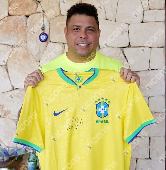 Roberto Carlos & Ronaldo Front Signed Modern Brazil Home Shirt In Deluxe Packaging