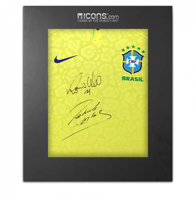 Roberto Carlos & Ronaldo Front Signed Modern Brazil Home Shirt In Deluxe Packaging
