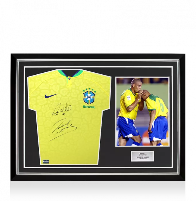 Roberto Carlos & Ronaldo Front Signed Modern Brazil Home Shirt In Hero Frame: Option 1