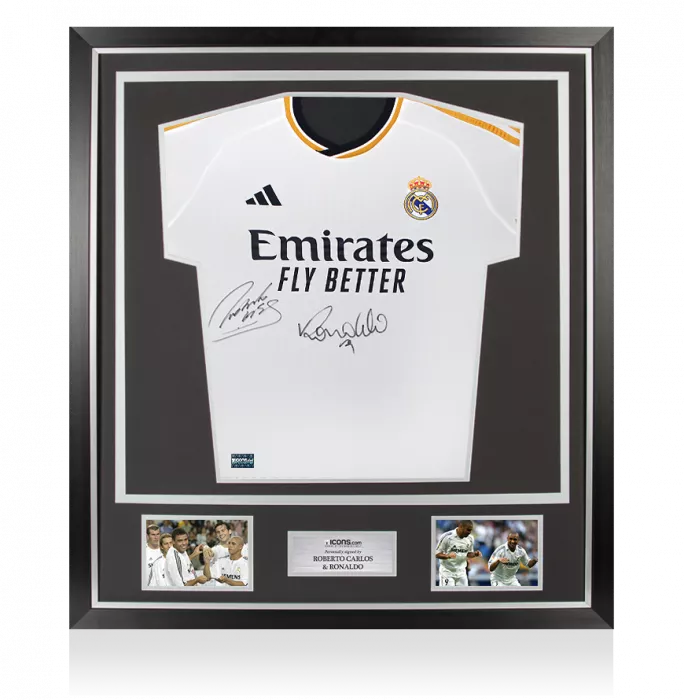 Roberto Carlos & Ronaldo Front Signed Modern Real Madrid Home Shirt In Classic Frame