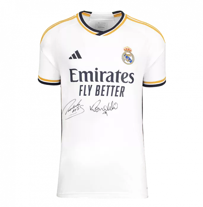 Roberto Carlos & Ronaldo Front Signed Modern Real Madrid Home Shirt In Deluxe Packaging