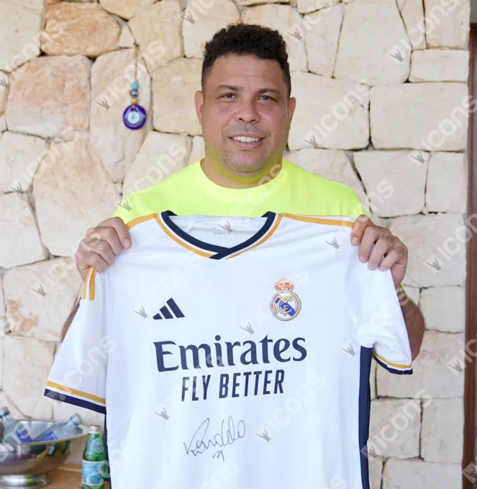 Roberto Carlos & Ronaldo Front Signed Modern Real Madrid Home Shirt In Deluxe Packaging