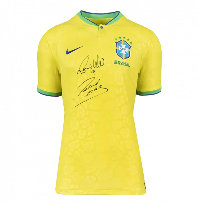 Roberto Carlos & Ronaldo Official FIFA World Cup™ Front Signed And Hero Framed Modern Brazil Home Shirt