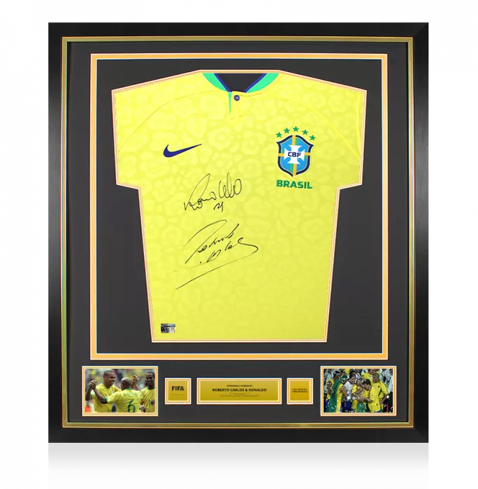 Roberto Carlos & Ronaldo Official FIFA World Cup™ Front Signed and Framed Modern Brazil Home Shirt
