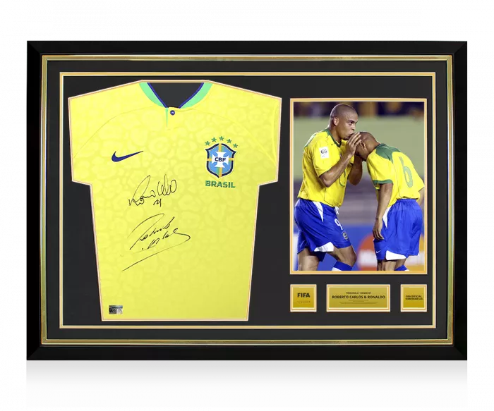Roberto Carlos & Ronaldo Official FIFA World Cup™ Front Signed and Hero Framed Modern Brazil Home Shirt