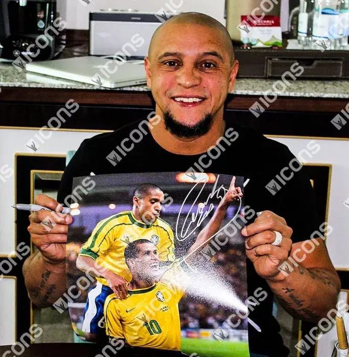 Roberto Carlos Signed Brazil Photo: Celebrating With Rivaldo
