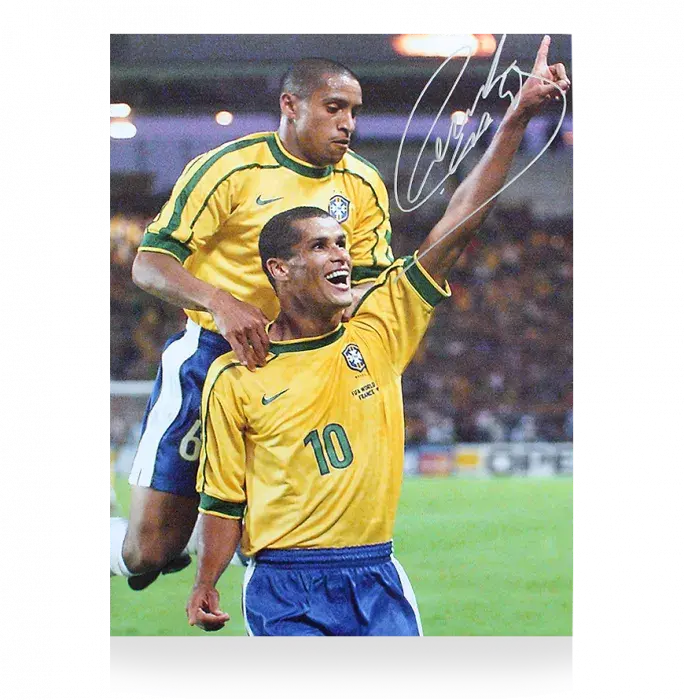 Roberto Carlos Signed Brazil Photo: Celebrating With Rivaldo