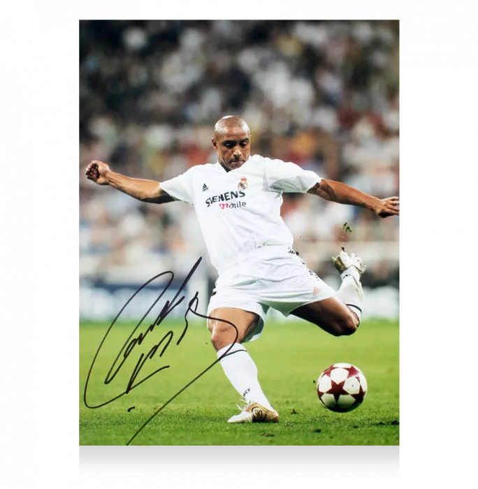 Roberto Carlos Signed Real Madrid CF Photo In Black Wooden Frame: Los Blancos Icon